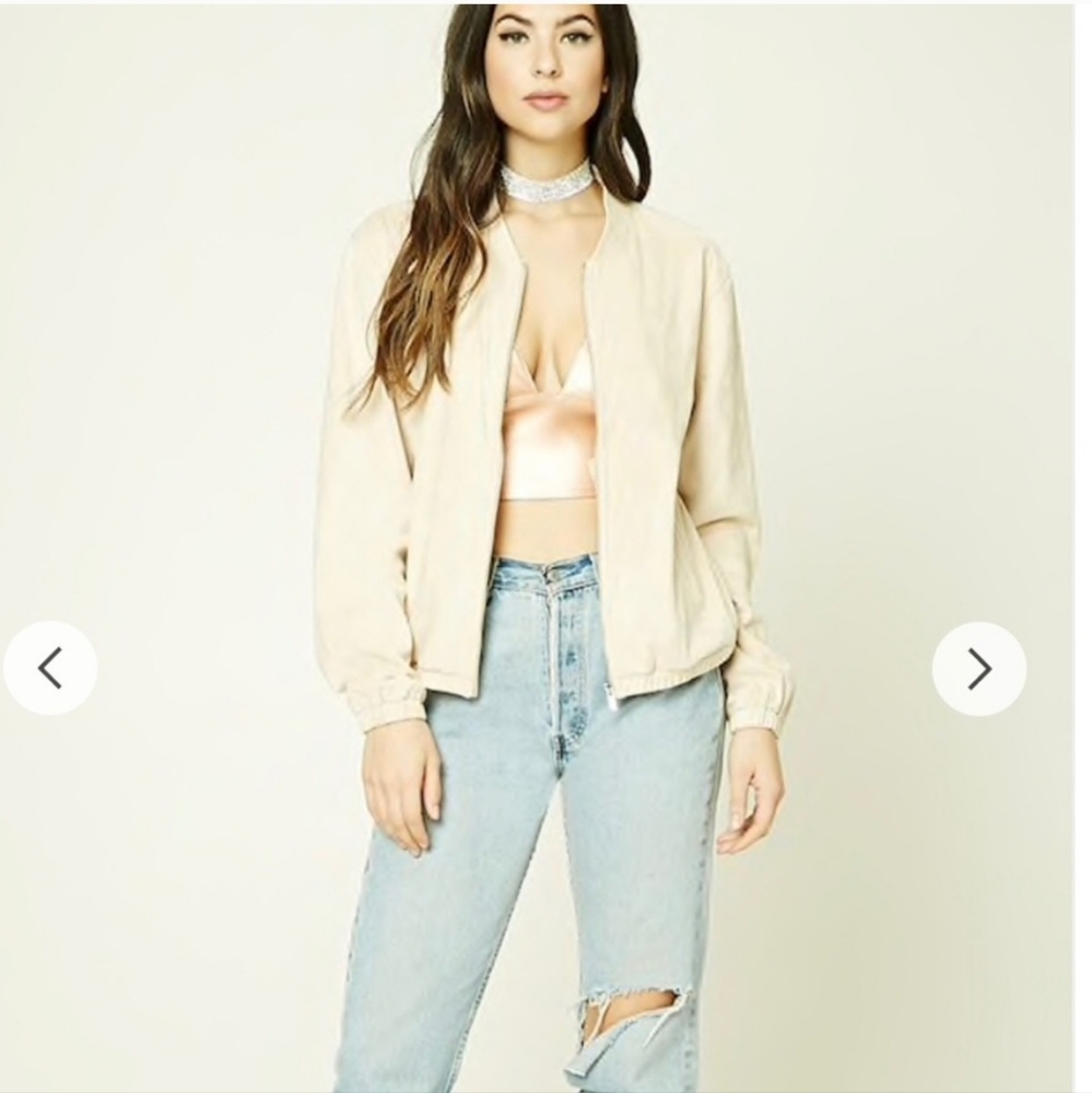 Forever 21 Tan/Pink Faux Suede Bomber Jacket Zip Up Super Soft